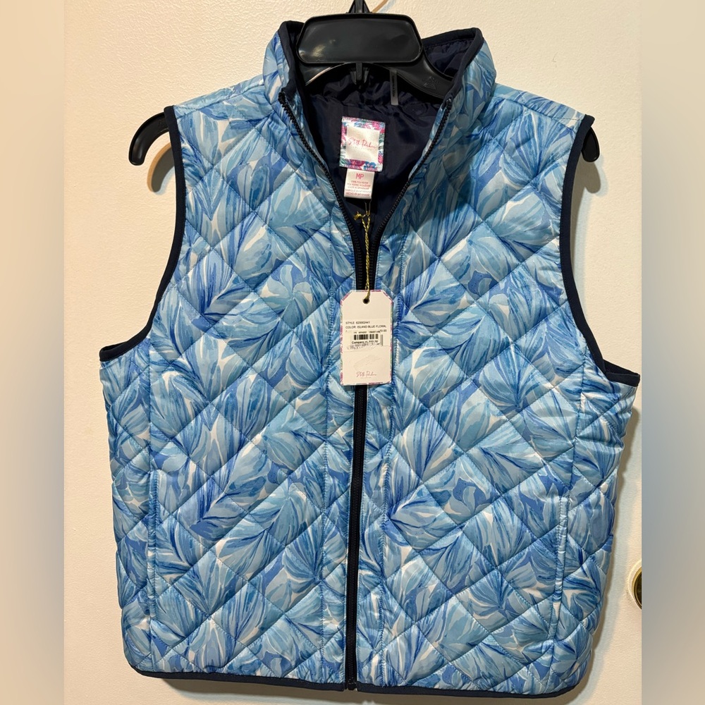Stella Parker NWT Blue Patterned Women’s Puffer Vest with front pockets Size MP